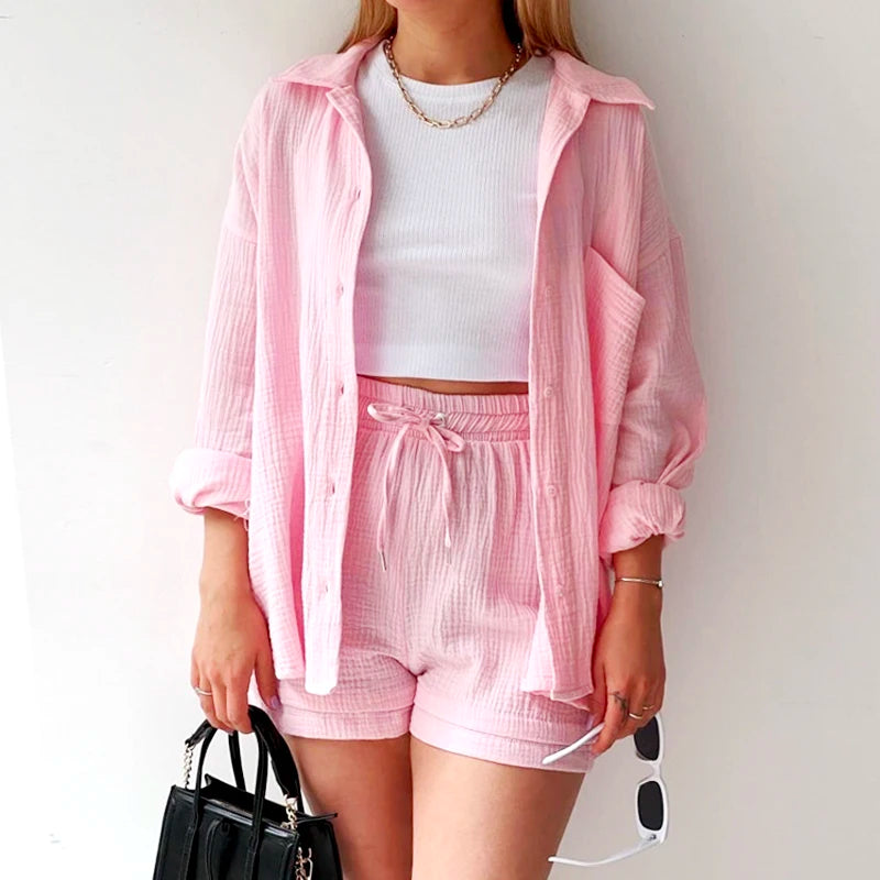 Casual Sleepwear 100% Cotton Pajamas For Women Sets Suit Turn-Down Collar Nine Quarter Sleeve Sleep Tops Shorts Female Homewear