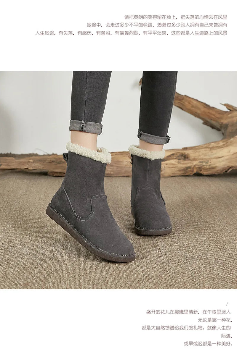 Careaymade-Genuine cow leather Snow cotton round head flats woolen short boots plush warm snow boots Oversized shoes size 35-43