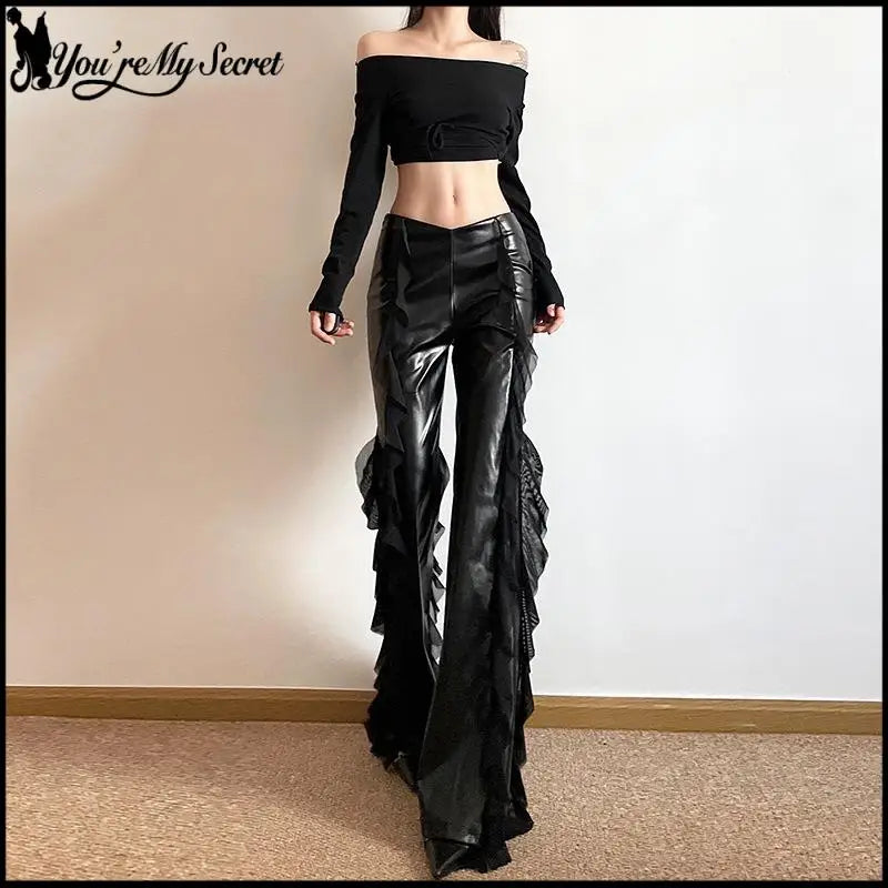 Punk Style PU Leather Pants Gothic Black Lace-paneled Trouser Sexy High-waisted Slim Flared Pants 2026 Summer Women's Clothing