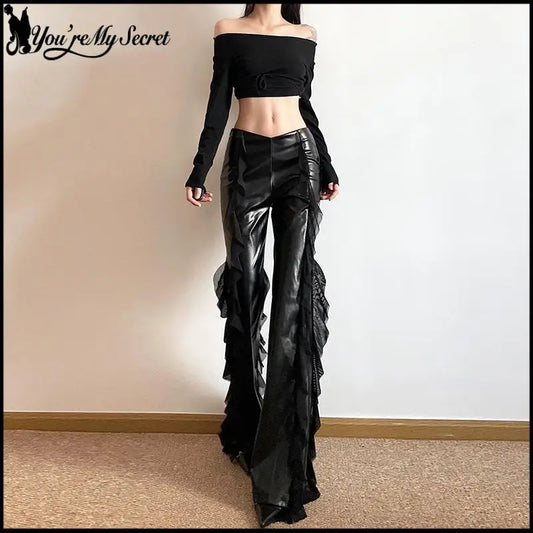 Punk Style PU Leather Pants Gothic Black Lace-paneled Trouser Sexy High-waisted Slim Flared Pants 2026 Summer Women's Clothing