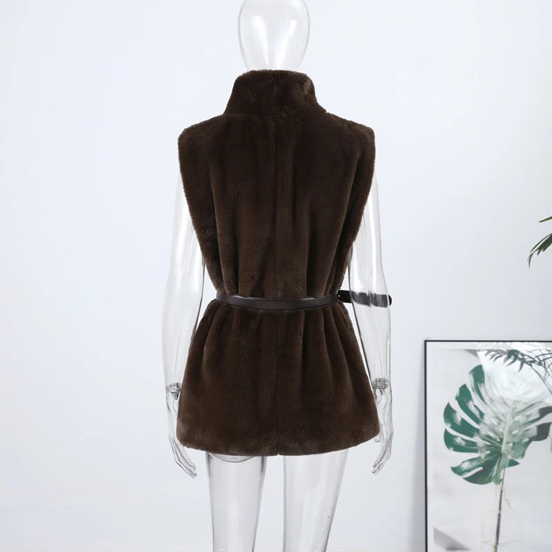 Luxury Faux Fur Hooded Pullovers Women's Loose Full Sleeve Stand Collar Pocket Coats 2025 New Autumn Winter Ladies Solid Outwear