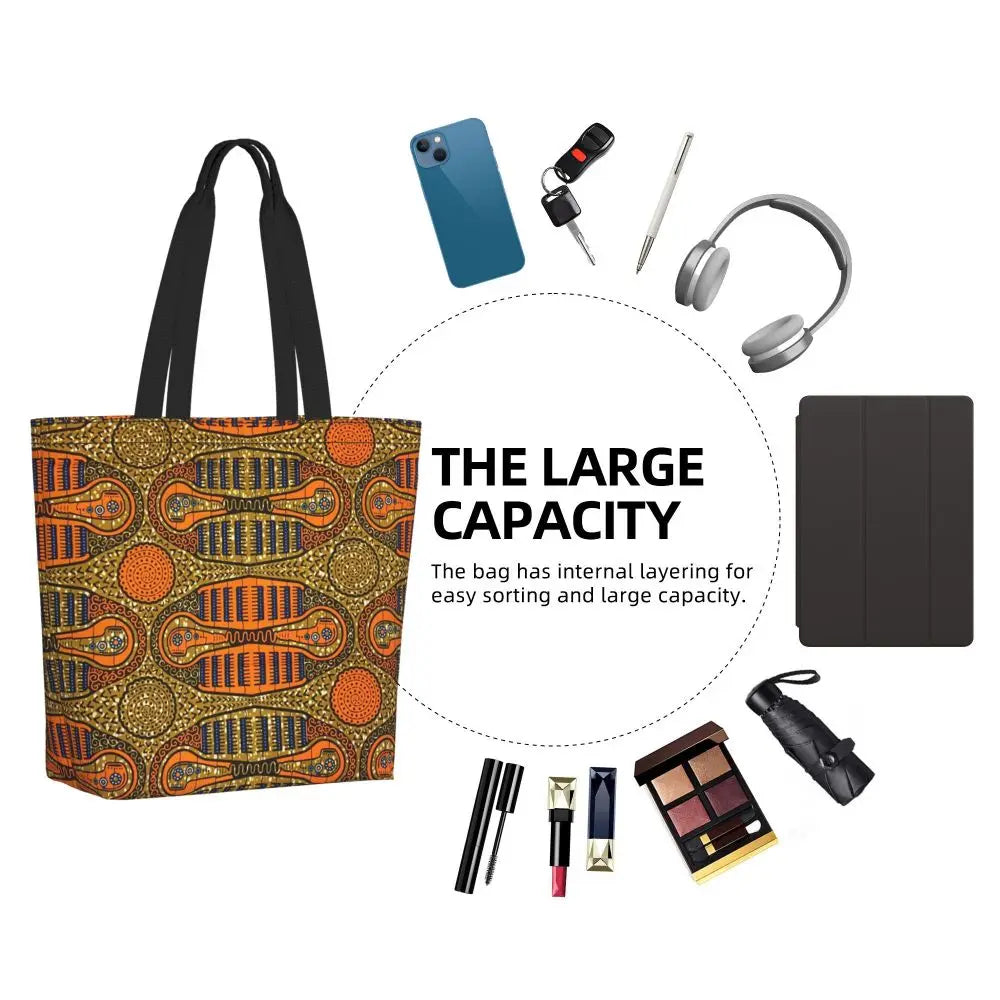 African Ankara Prints Grocery Shopping Tote Bags Women Geometric Ethnic Art Canvas Shoulder Shopper Bags Big Capacity Handbag
