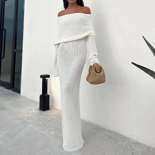Fashion Style Knitted One-Shoulder See-Through Beachwear Cover Up Women's Beach Vacation Sunscreen Dress Elegant Long Dress