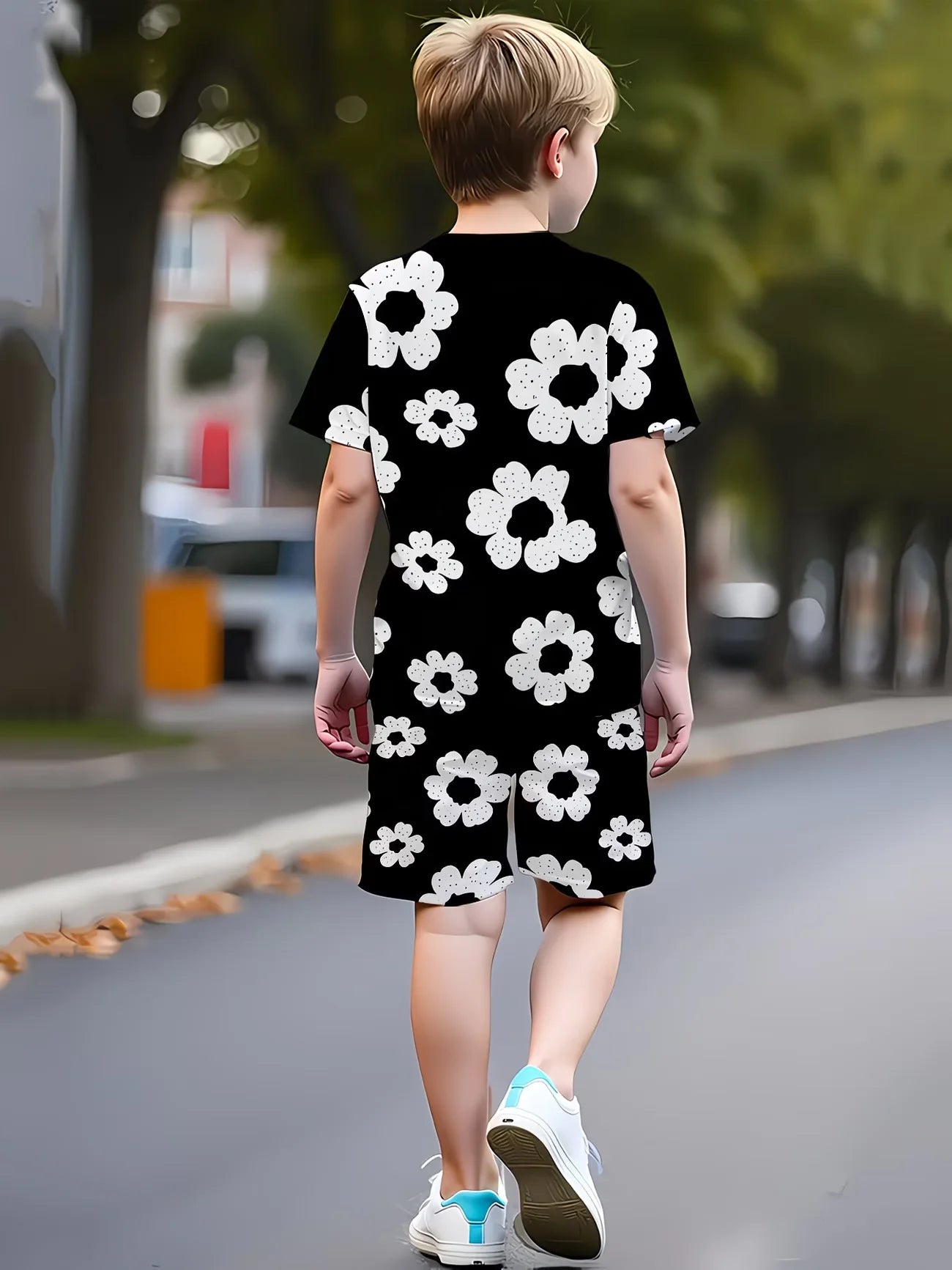 Kawaii Floral Print Kids Sport Suit Short Sleeve Tee and Shorts 2-Piece Set Black Casual Summer Clothes for Boys