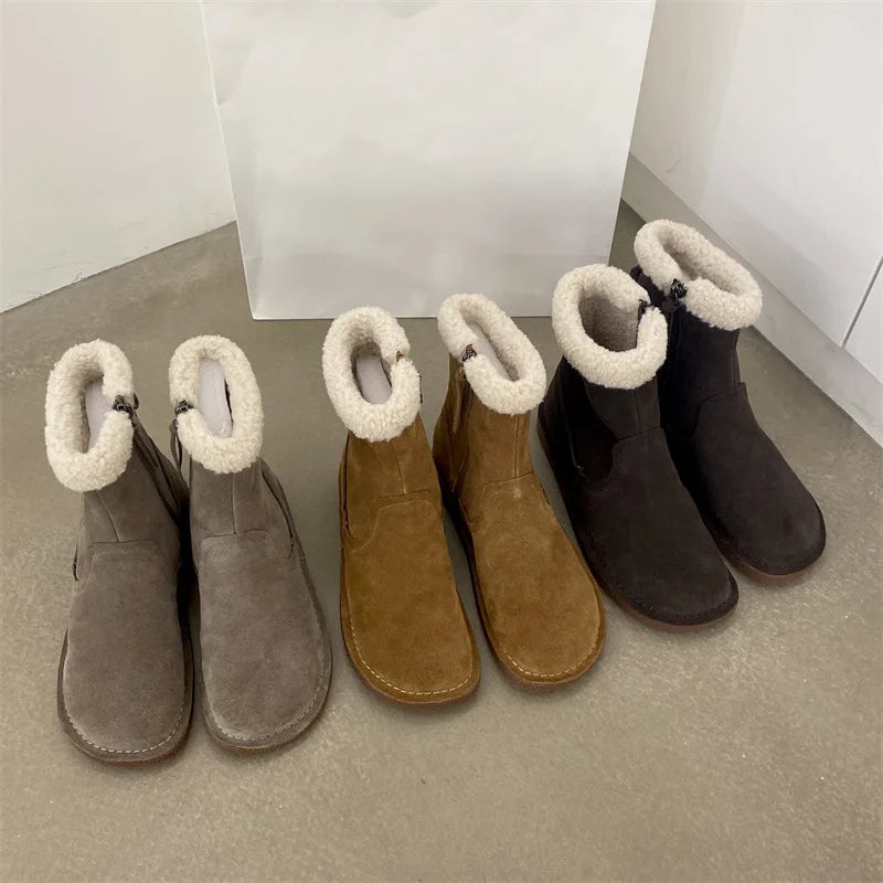 Careaymade-Genuine cow leather Snow cotton round head flats woolen short boots plush warm snow boots Oversized shoes size 35-43