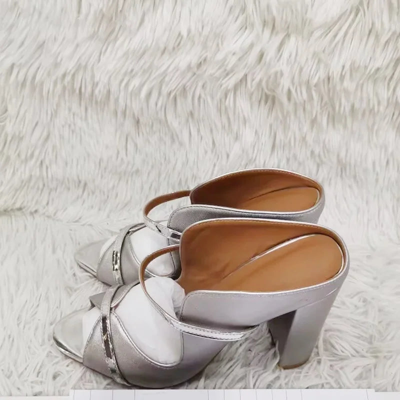 Light Brown Peep Toe Shell Hollow Sandals Women Elegant Black Leather Slingback Chunky Heel Slippers Spring Mixed Colors Pump