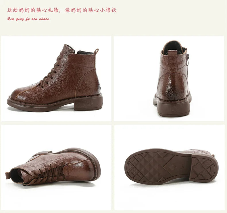 Xiuteng Autumn New Cowhide Mid-Heel Soft-Soled Women's Short Boots Retro Casual Leather  Boots Warm Women's Cotton Shoes