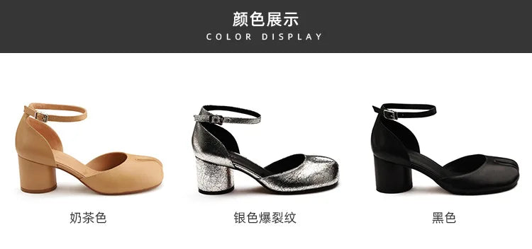 Brand Designer Tabi ninja high heels shoes woman ankle strap silver crack leather pumps split toe D'orsay mary janes shoes woman