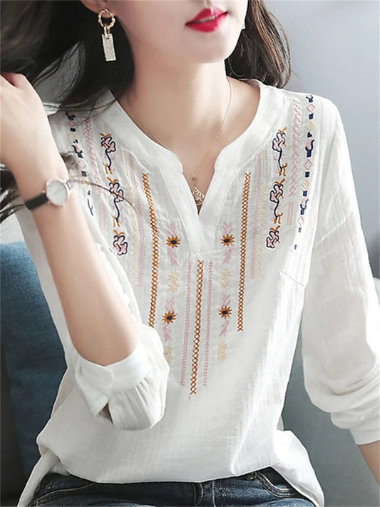 Women Spring Autumn White Blouses Tops Lady Casual Embroidery V-Neck Long Sleeve Vintage Loose Blusas Top DF4272