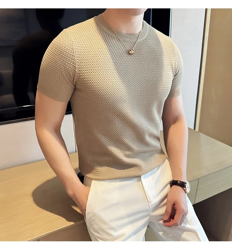 Summer Breathable T-Shirts For Men Korean Luxury Clothing O-Neck Short Sleeve Knitted Men's T Shirt Fashion Hollow Tops&Tees 3XL