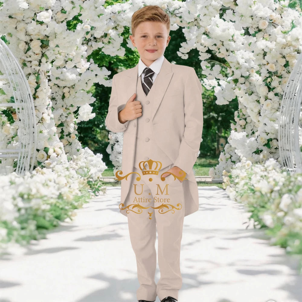 Custom Boys' 3-Piece Tuxedo Set Long Jacket Black Vest Pants Slim Fit Suit for Wedding Birthday Party Children Performances