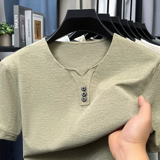 2025 New Men's Business Casual Three Button V-neck Short Sleeved T-shirt Korean Style Summer Comfortable Versatile Top
