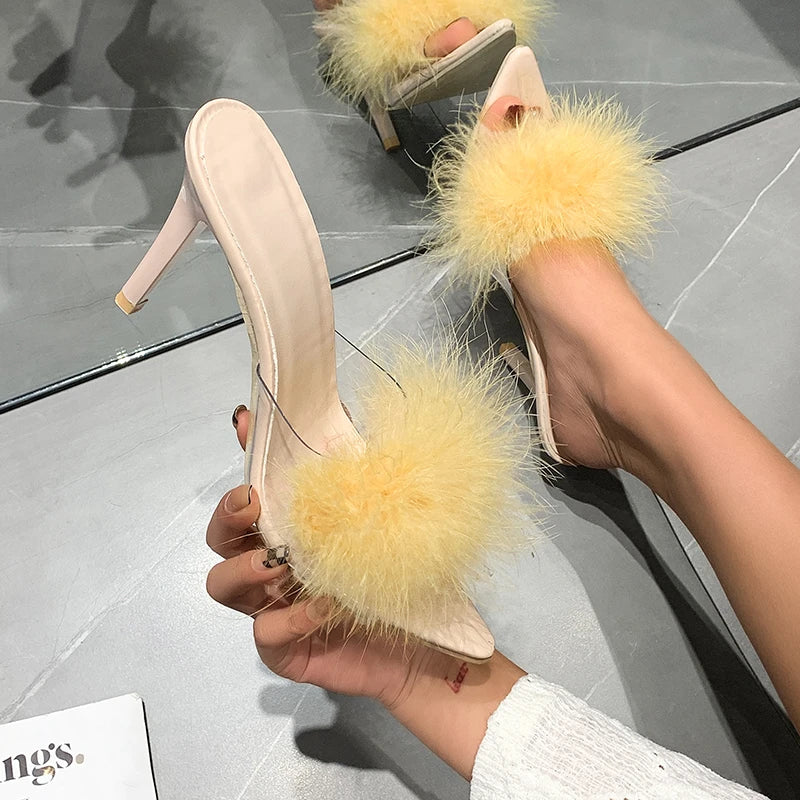 Women Modern Slippers Summer New Sexy Feather Decorate High Heels Stiletto Peep Toe Mules Plus Size Ladies Sexy Pumps Shoes