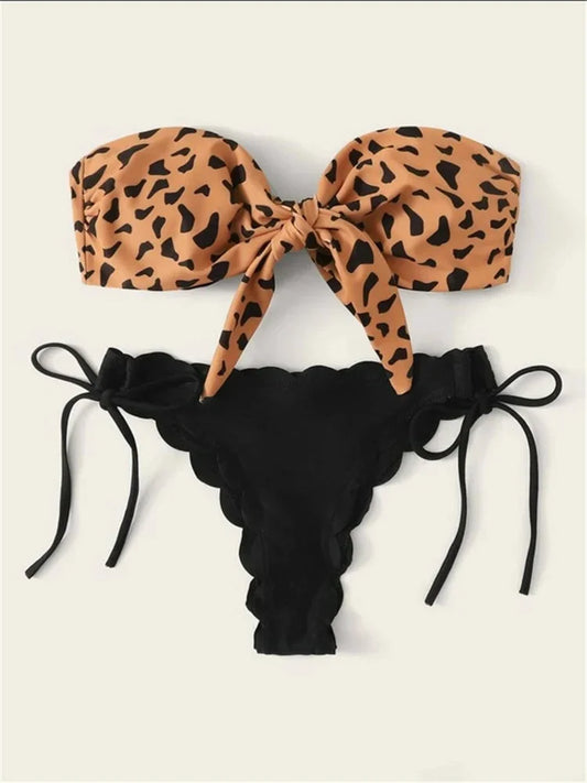Beach Bikini 2026 Woman Sexy Front Lace Up Tie Bandeau Leopard Swimsuit Female Push Up Ruffled Bow Bathing Suit Thong Swimwear