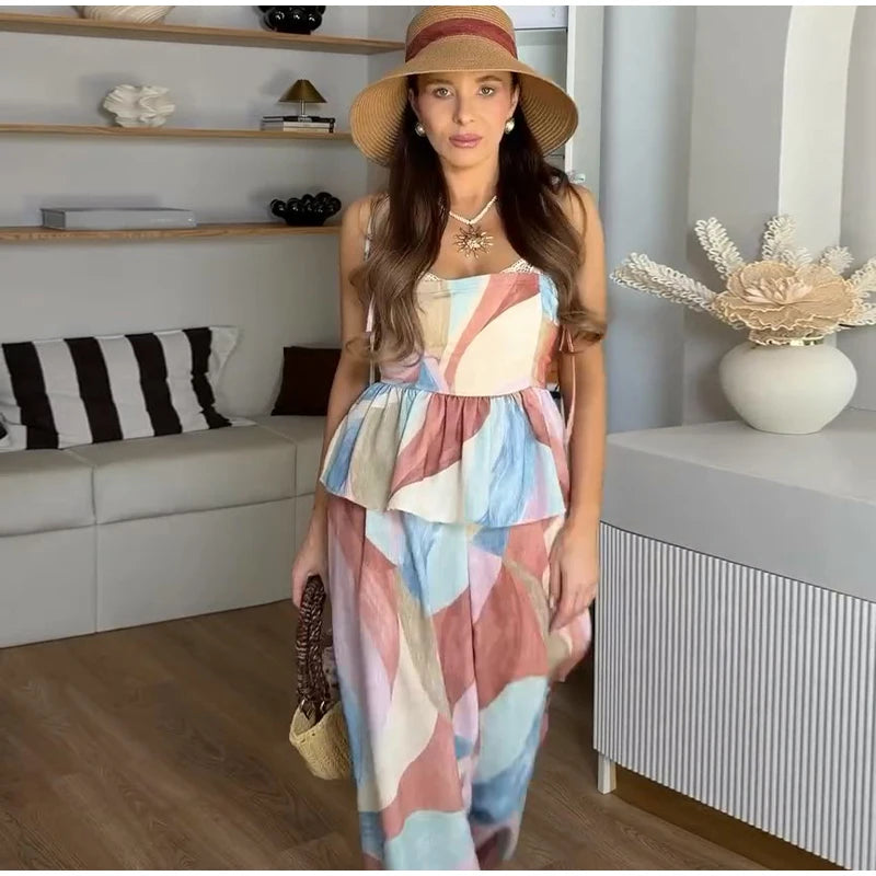 Pastel Print Cami Top Wide Leg Pants Set Ruffle Hem Sleeveless 2026 Summer Vacation Women Co-ord Set Chic Causal Lady Outfit