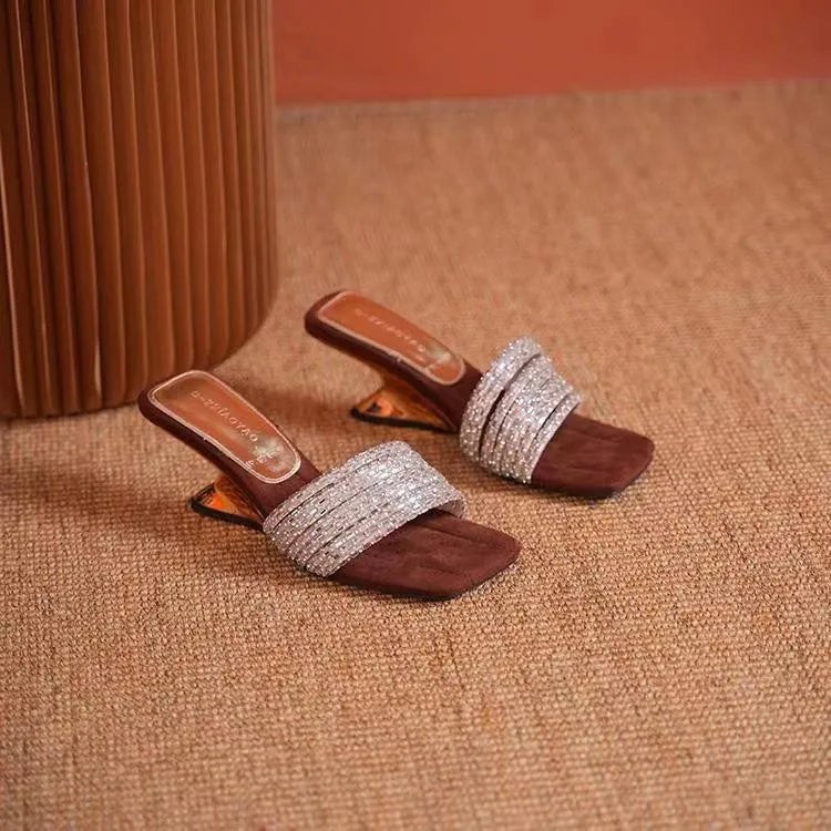 Women's Fashion Slippers Summer New Rhinestone Fine Belt Shaped Wedge Square Head Temperament High Heels