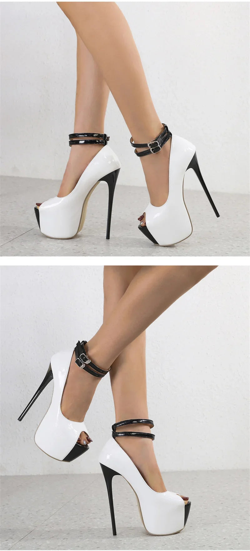 Fashion Design Double Buckle Strap Platform Sandals Women Pumps Sexy Peep Toe 16.5CM Super High Heels Stripper Shoes White