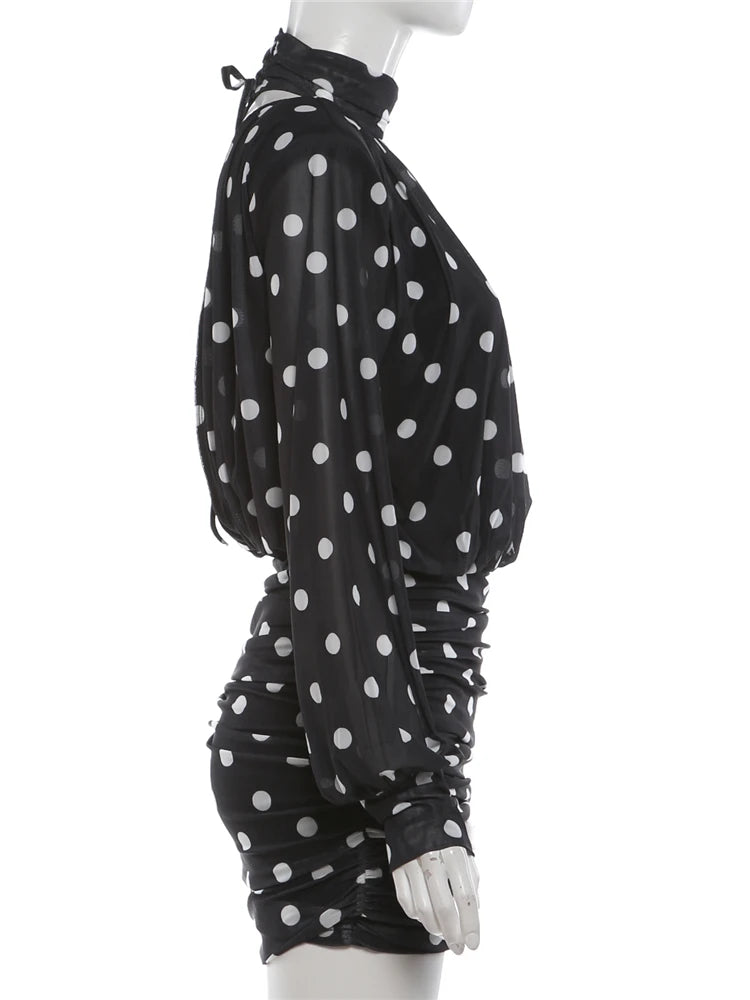 Nibber See Through Mini Dress Woman Turtleneck Mesh Full Sleeve Polka Dot Print Skinny Peach Hip Street Ruched Elegant Bodycon