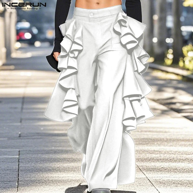 INCERUN 2025 American Style Trousers Fashion New Men Double-layer Flounce Pants Male Casual Solid Color Wide Leg Pantalons S-5XL