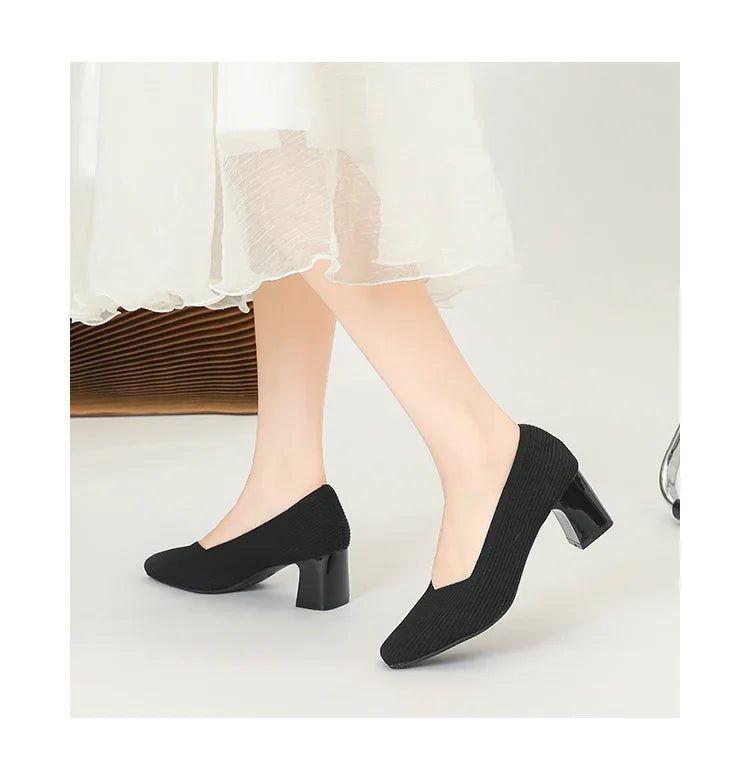 Shoes Woman High Heels Comfortable Square Knitted Breathable Comfortable Women's Flats Shoes (5cm High) 2025 New Collection