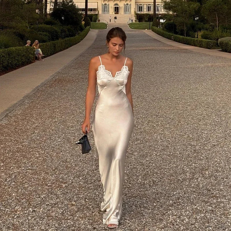 Women V-neck Satin Sling Maxi Dress Sexy White Lace Patchwork Sleeveless Backless Slim Gowns 2026 Evening Party Chic Dresses New