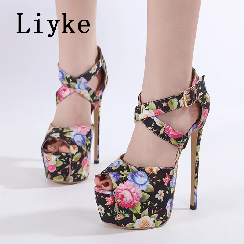 Liyke Runway Sweet Style Sexy Peep Toe 16CM Extreme High Heels Strip Pole Dance Shoes Fashion Print Flowers Platform Women Pumps