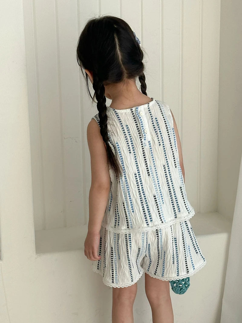 Summer Children's Vest Set Girls Lace Top Suit Kids Embroidered Striped Tank Top and Shorts 2Pcs Boys Casual Suit Sibling Outfit
