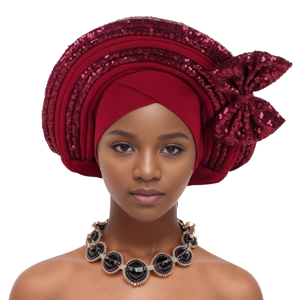 Sweet Bowknot Auto Gele Headtie for Women African Head Wraps Lady Party Headpiece Female Sequins Turban Cap