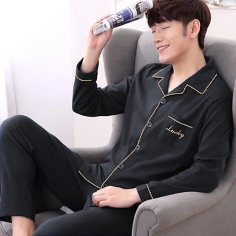 Pajamas for Men Spring and Autumn Long-Sleeved Young Men's Simple Casual Lapel Autumn and Winter Home Wear Set