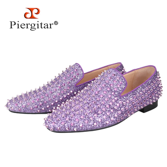 Piergitar Handmade Purple Spikes Men's Loafers For Party and Banquet Wear CL Same Classic Model Red Outsole Slip-On Flats