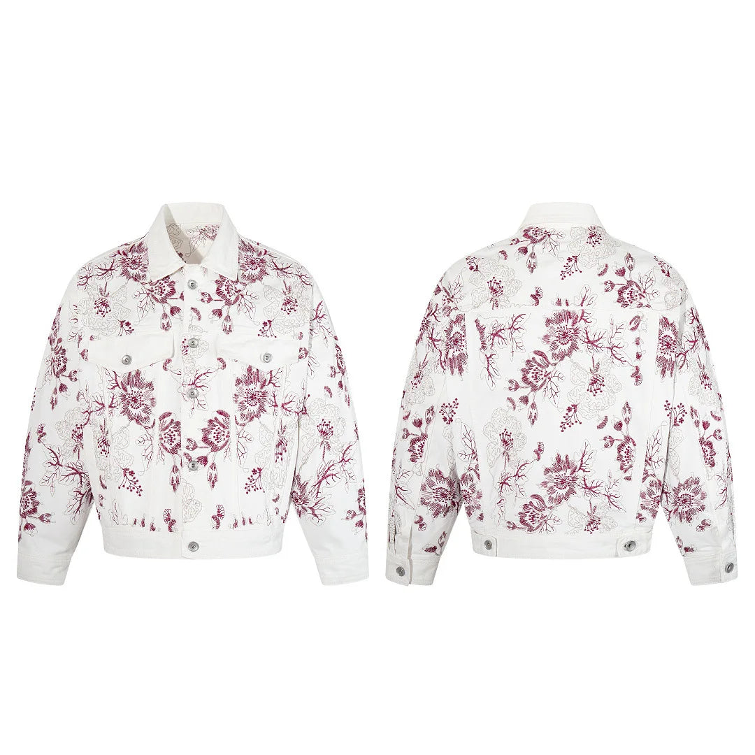 American High Street Retro Floral Embroidered Denim Jacket Hip Hop Loose Casual Trendy Brand Jeans Coat Tops