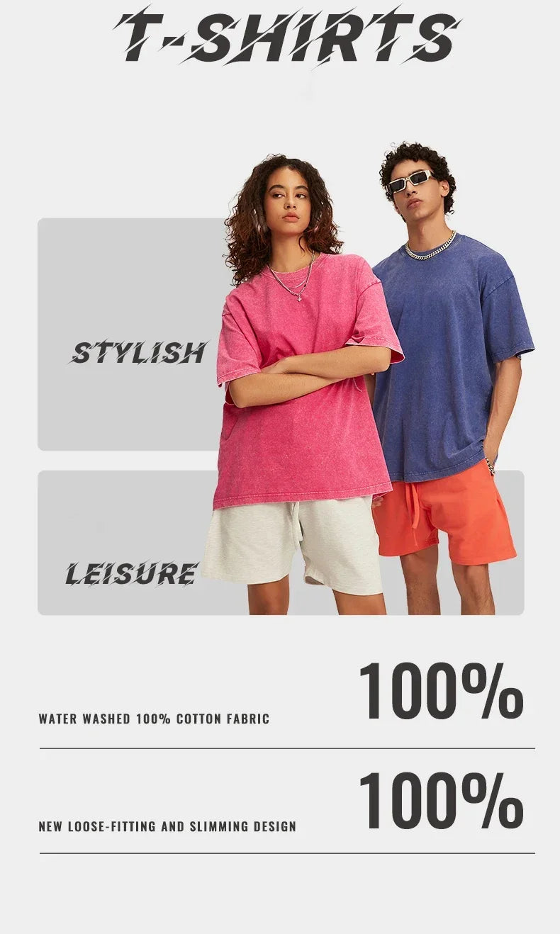 American Style Retro Heavyweight Solid Color Short Sleeved T-shirt Men Women Summer Street Trendy Washed Old Oversized Clothes