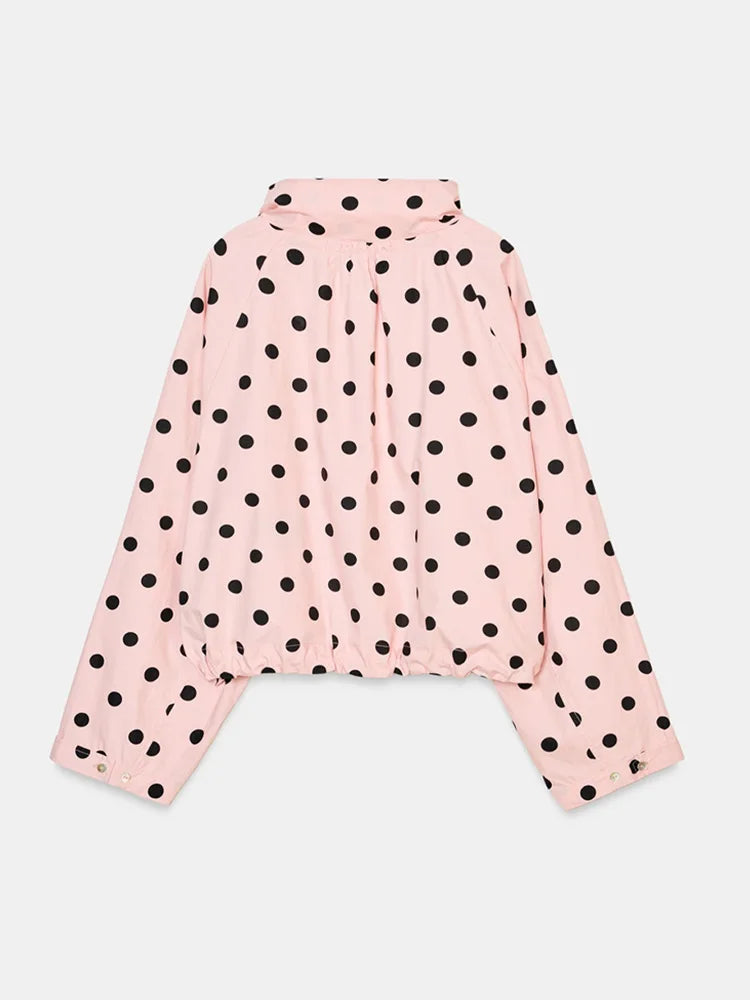 Chic Polka Dot High Neck Short Jacket For Women Long Sleeve Loose Lace Up Coat Commuter Casual Outwears 2026 New Lady Streetwear