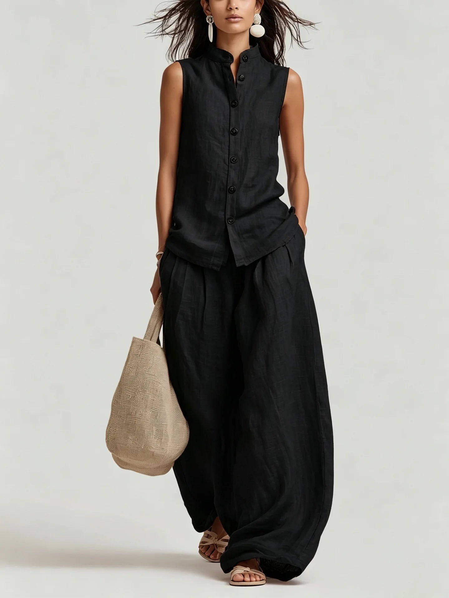 Women's Cotton Linen Vest Top and Long Pants Matching Set Casual Jumpsuit Playsuit