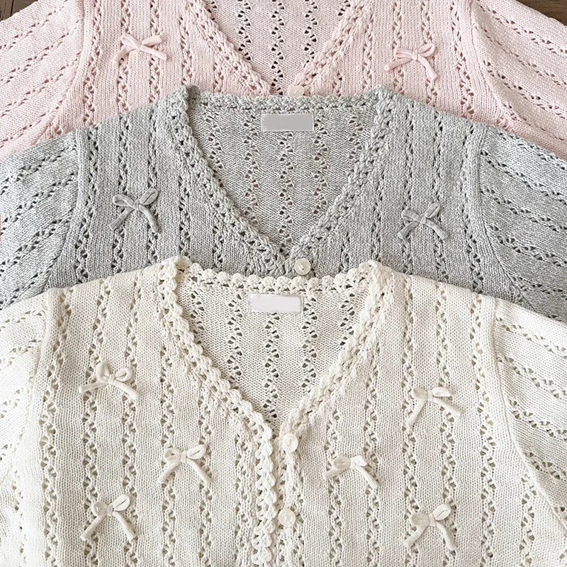Sweet Knitted Cardigans Women Hand Crochet Bows Decoration Heart Hollow Out Sweaters for Kawaii Girls