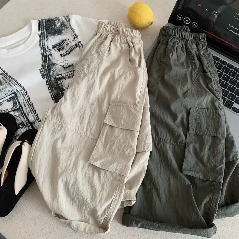 Kids Casual Cargo Shorts Loose Fit Solid Color Multi-Pocket Trousers