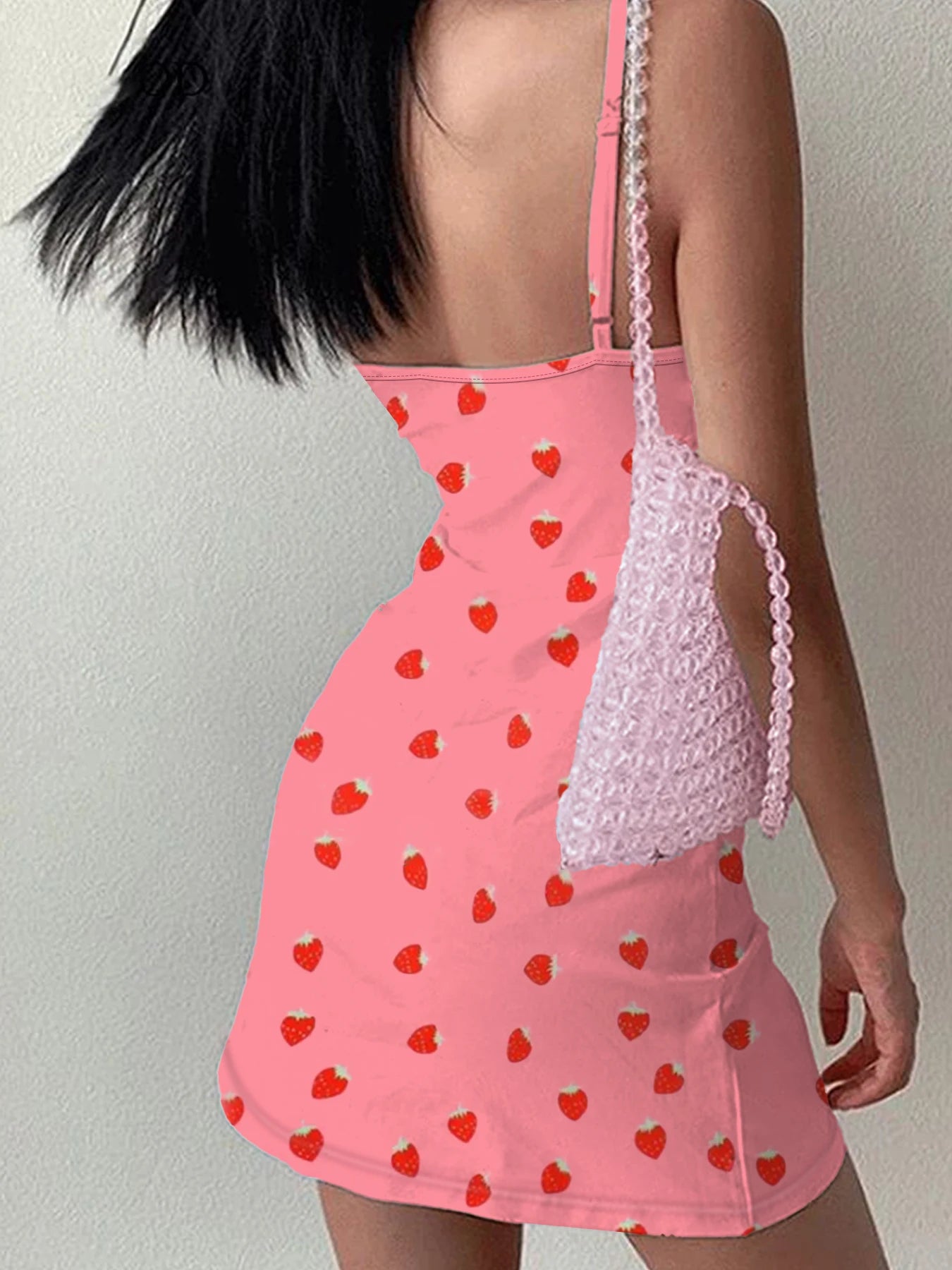Strawberry print wrapped trim dress for women to create a stylish and elegant dress, suitable for casual or party wear, snug cut