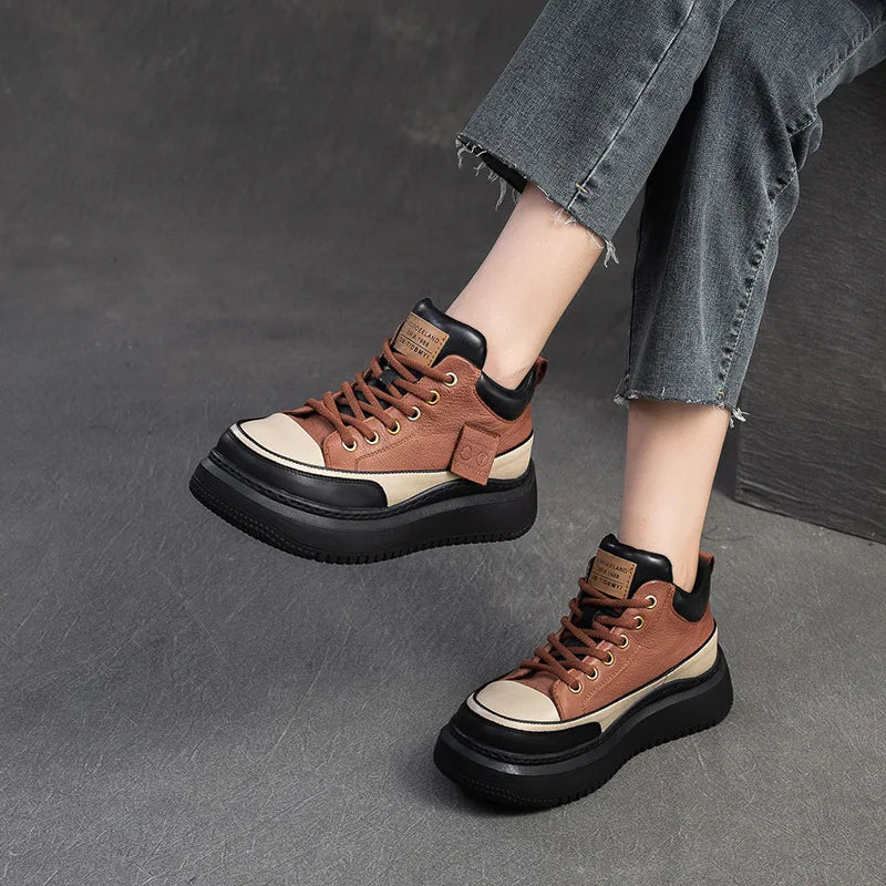 Myjyjz 4.5cm Cow Genuine Leather Women Spring Platform Wedge Flats Chunky Sneakers Lace Up Autumn Loafer Vulcanize Shoes Rubber