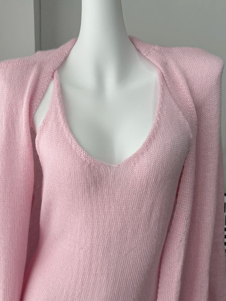 Hirsionsan Soft Loose Sets Women Three Pieces Long Sleeve Cardigan & Sexy Vest Dresses Elegant Female Hollow Outfits Tracksuit