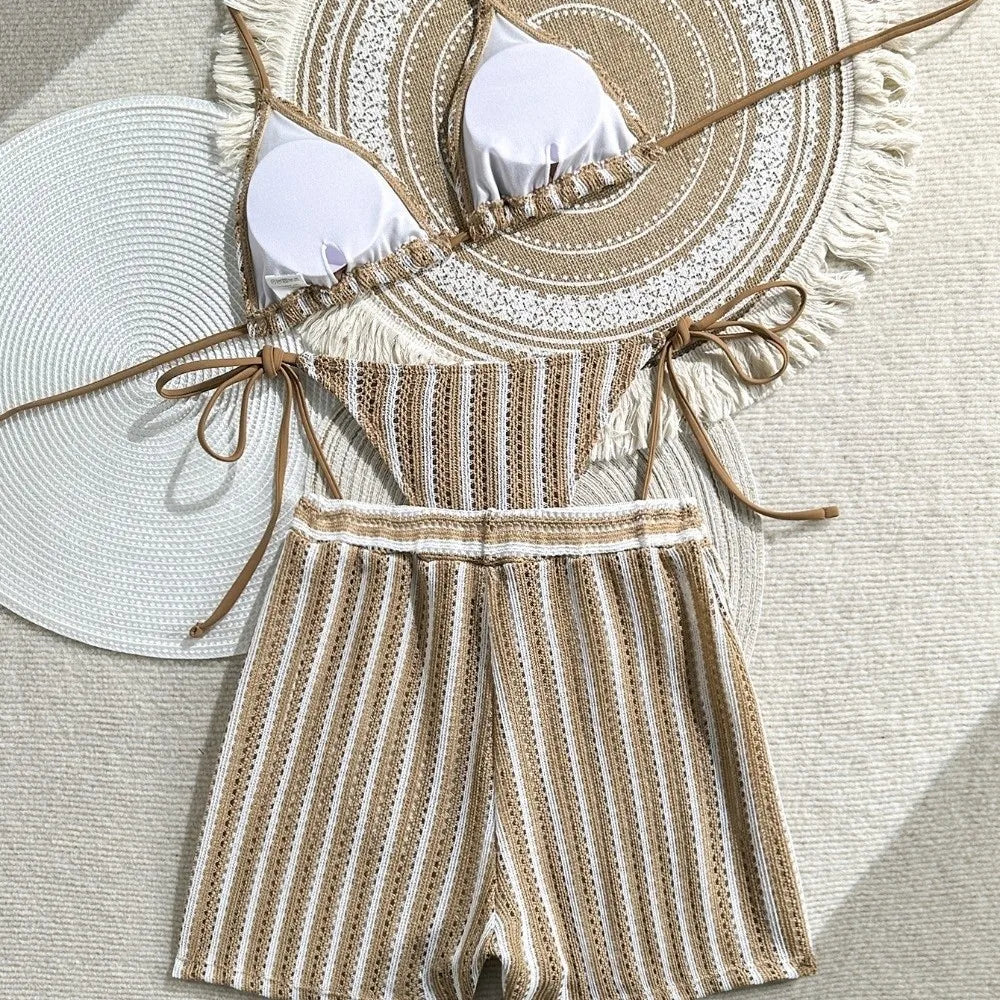 Fashion Stripes 3 in 1 Swimwear Set Lace Up Slim Fit Bikini Bathing Suit Deep-V Sleeveless Knitting Swimsuit Beach