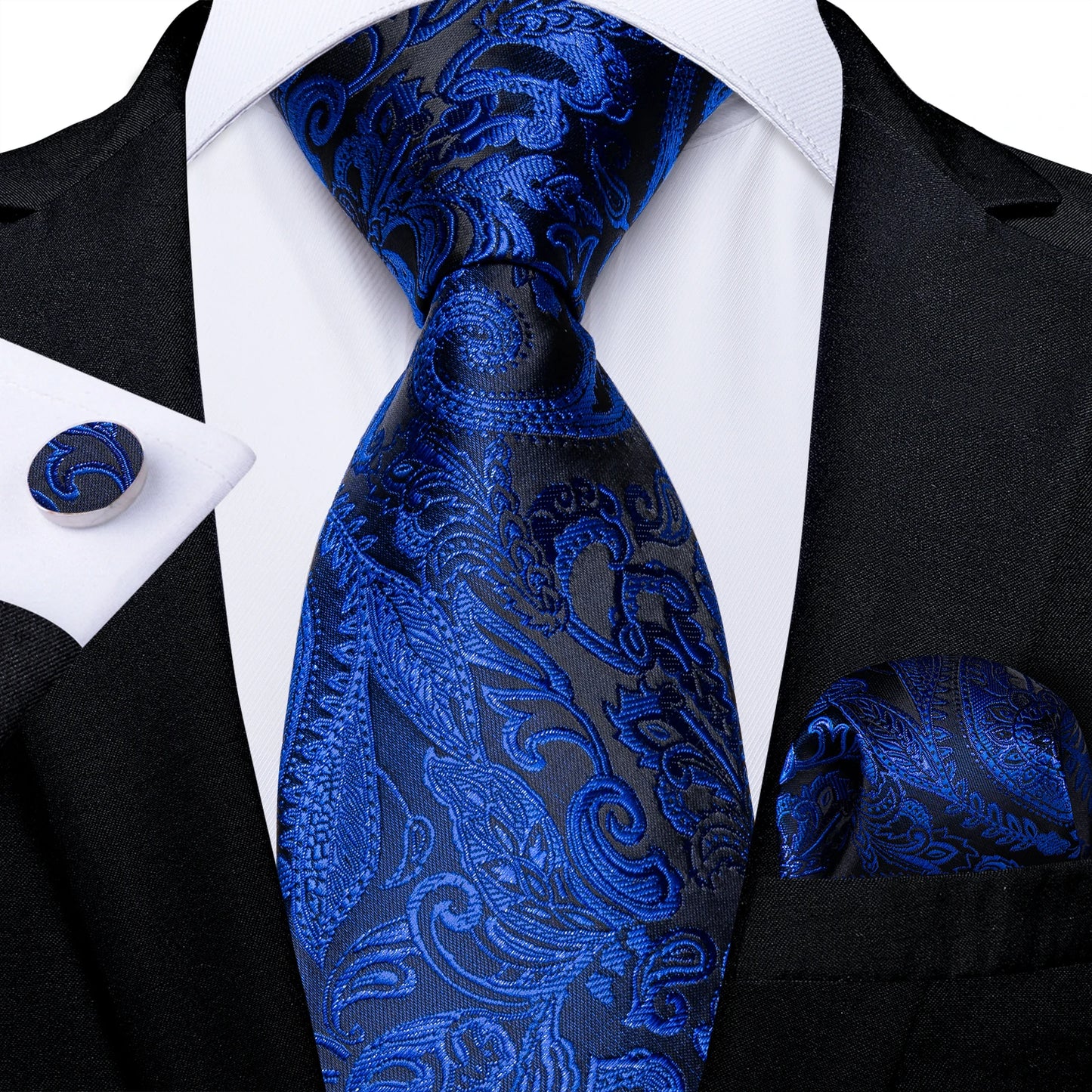 Royal Blue Paisley Plaid Striped Men tie Set with Handkerchief Cufflinks Wedding Prom Groom Accessories Perfect Gift for Men BAZAARHUBO