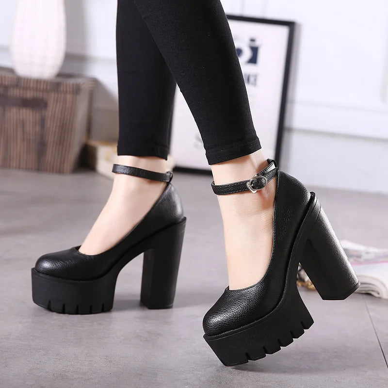 Gdgydh Women's Platform Chunky High Heels Ankle Buckle Strap Round Toe Non Slip Dress Pumps Mary Jane Lolita Pumps Punk Style