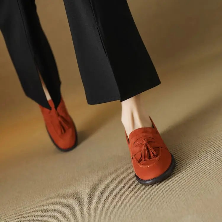 Women's loafers leather shoes Spring New Products Genuine leather sheepskin Nubuck Leather Black/Green/Orange Tassel decoration
