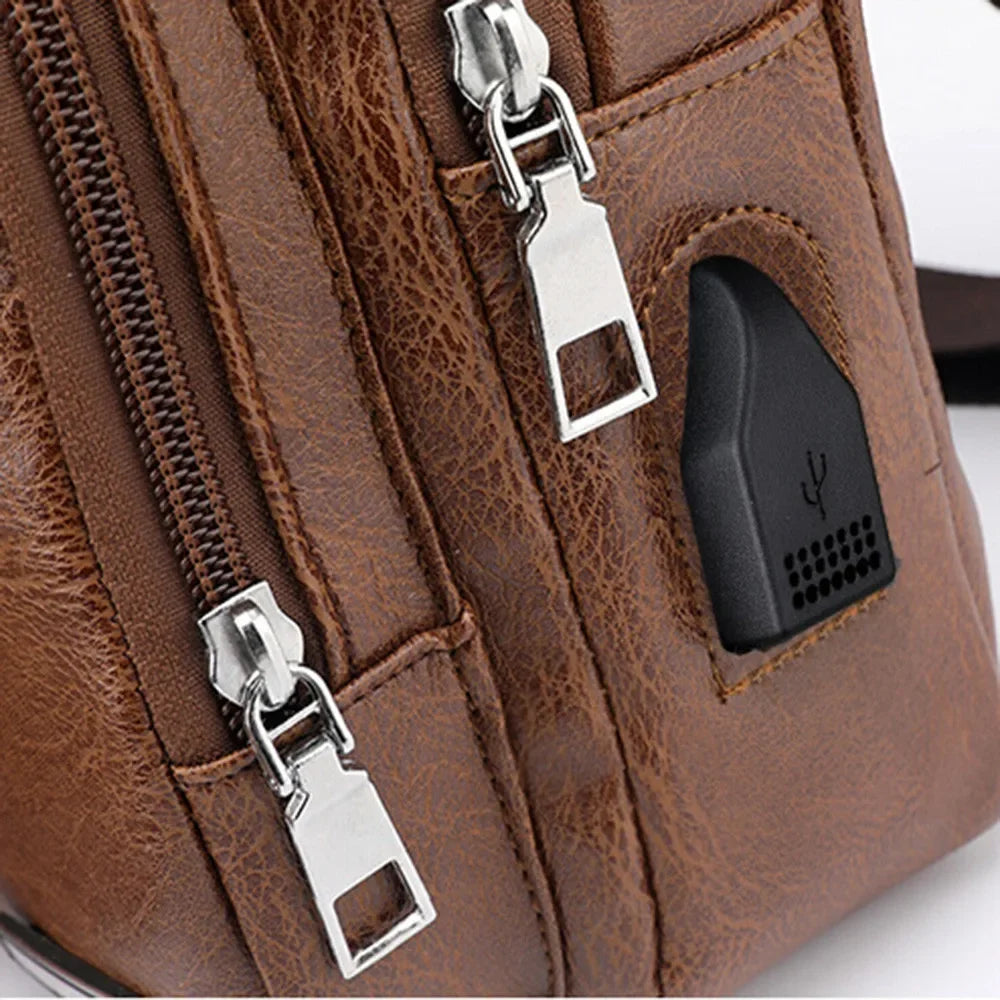 2024 Men's USB Chest Bag Designer Men Messenger Crossbody Package PU Leather Shoulder Bags Package Travel Chest Bag Bolso Hombre
