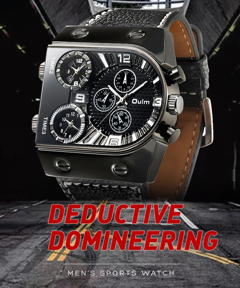 Oulm Top Men's Watches Mens Quartz Casual Leather Strap Wristwatch Sports Man Multi-Time Zone Military Male Watch Clock Relogios
