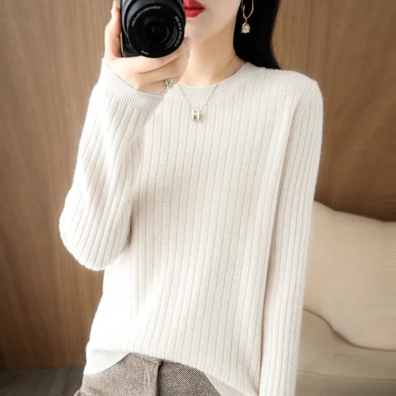 2026 Women Sweaters Autumn Winter Long Sleeve Pullovers O-neck Stripe Warm Pullover Korean Fashion Bottoming Shirts Loose Jumper
