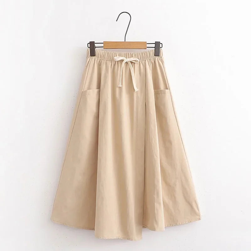 Elegant Vintage Women Skirt Summer Korean Style Solid Elastic High Waist Midi Long Skirt With Belt Female Office Ladies Wear