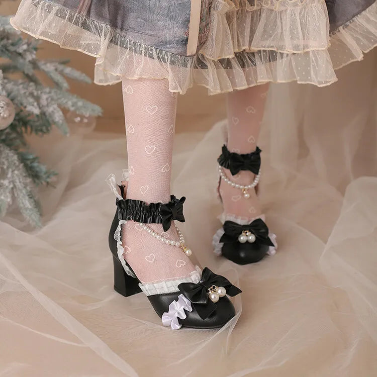 Ochanmeb Sweet Kawaii Girls Lolita Shoes Thick High Heels Cosplay Pumps Bow Knot Pearls Chain Ruffles Lovely Wedding Party Pumps