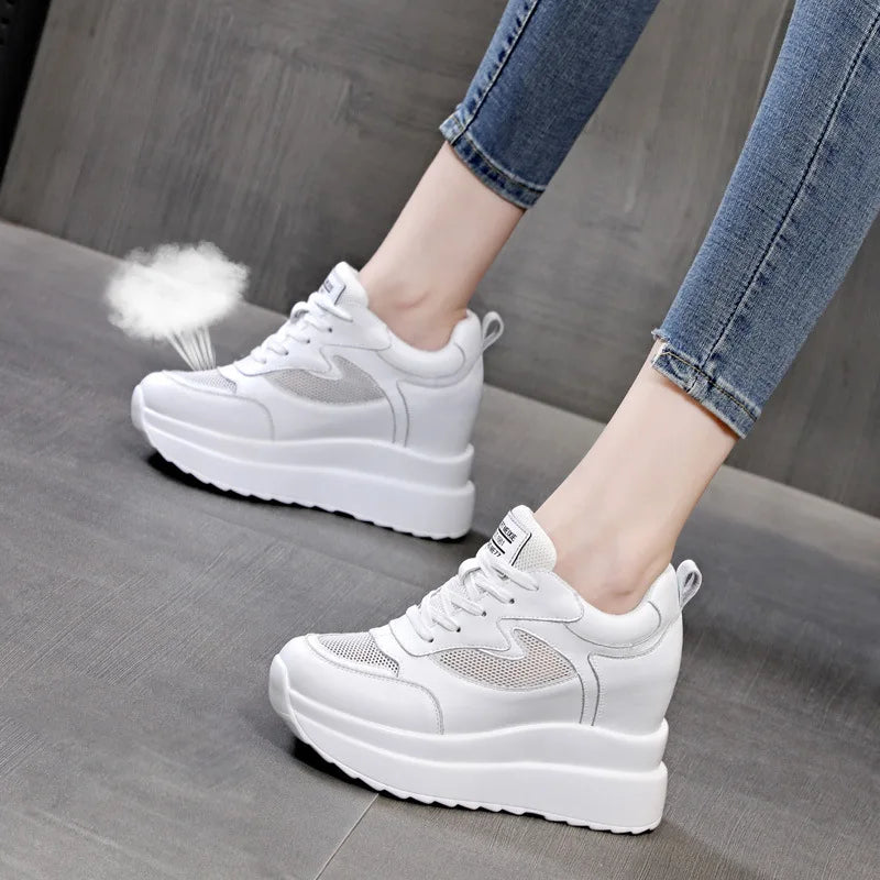 Women's Sneakers Genuine Leather Womens Casual Shoes Thick Sole Increase Height 10cm Women Sneakers Breathable Shoes Botas Mujer