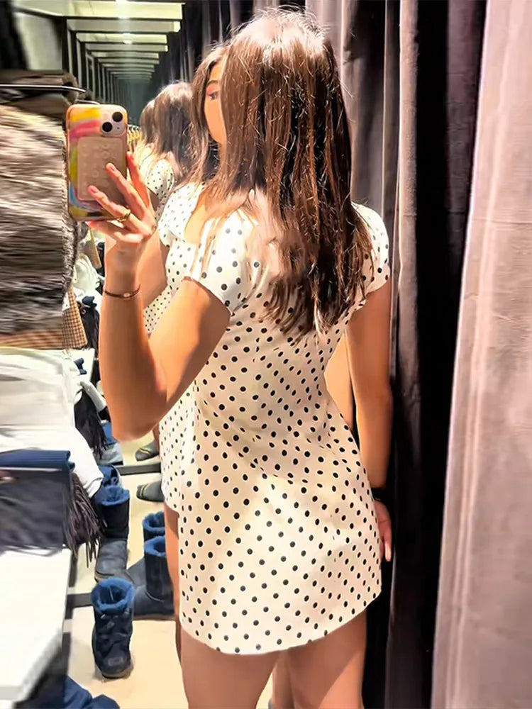 Fashion Polka Dot Mini Dress For Women 2026 Spring Summer Short Sleeve Lace Up Collar Party Dress Lady Bodycon Evening Vestidos